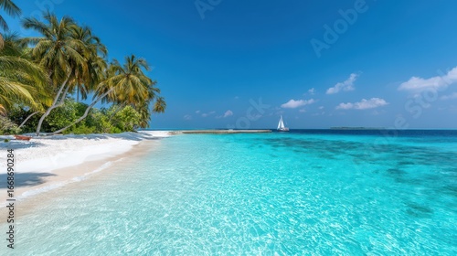 Fototapeta Naklejka Na Ścianę i Meble -  beach with white sand, turquoise water, and palm trees