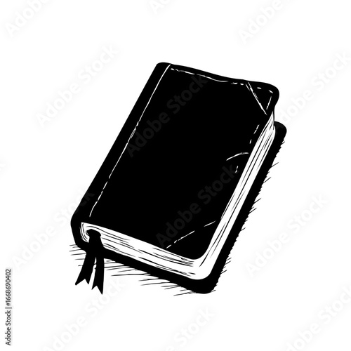 Monochrome drawing depicting an antique book with thick pages and a ribbon bookmark symbolising