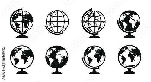 A collection of black and white globe icons on a plain background