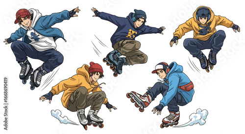 Vector art of young men performing rollerblading tricks in mid-air, showcasing urban street style, energy, and action sports culture, perfect for lifestyle, youth, and sports design themes