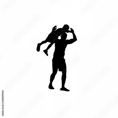 Man lifts homeless boy onto shoulders silhouette isolated on white background
