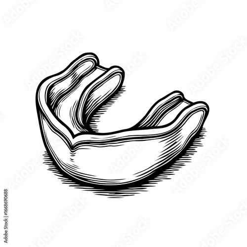 Monochrome illustration of a mouthguard for athletic protection drawn in engraving style offering