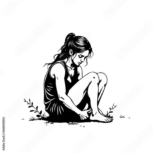 Monochrome illustration of a young woman absorbed in private reflection with pensive contemplation