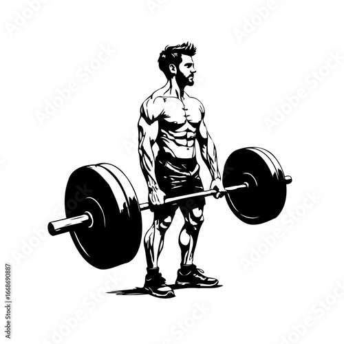 Monochrome lifter with bar in a stark exercise graphic showcasing dedication strength and sculpted
