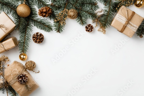 Festive corner border of wrapped gifts, pine boughs, gold ornaments, and pine cones on white
