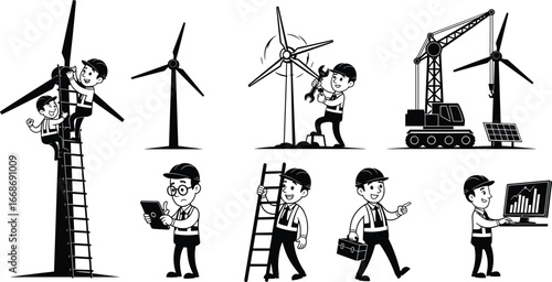 Wind energy workers, wind turbine maintenance, installation, repair, monitoring, renewable power technology, green energy illustration, sustainable electricity concept, vector design