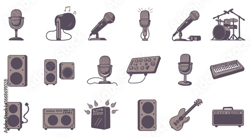 Various music equipment and instruments for recording and performance