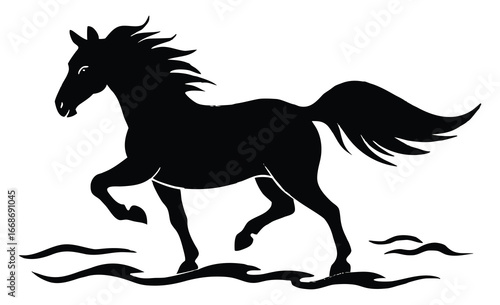 Black silhouette of a running horse gallops on a white background art