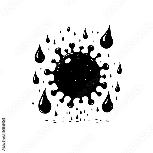 Monochrome symbolic depiction of virus under a shower of dripping liquid droplets with foreboding