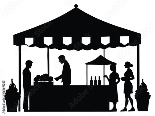 Black Silhouette of People at Market Stall With Food and Drink