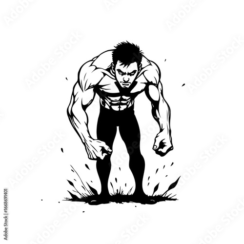 Muscular figure demonstrating immense power in a stylized monochrome illustration showing fitness