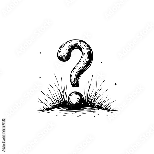 Mysterious question mark amidst grassy terrain evokes ambiguity and intellectual exploration