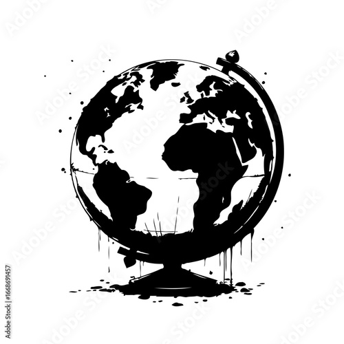 Monochrome world globe illustration displaying continents with creative drip accents and artistic