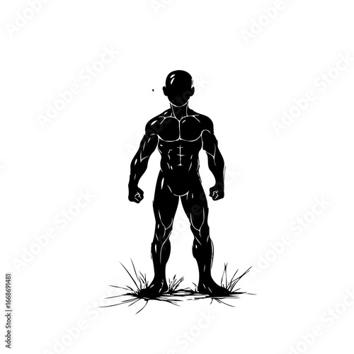 Mysterious figure in silhouette poised against a stark white background emphasizing strength and