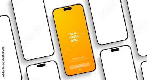Realistic smartphone mockup. Mobile phone vector with isolated on white background. Device front view. 3D mobile phone with shadow. Realistic, high quality smart phone mockup for ui ux presentation.