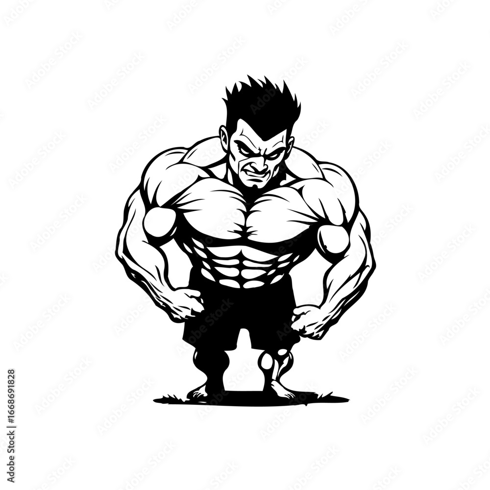 Fototapeta premium Powerful caricature illustration showing muscular man demonstrating impressive physique and