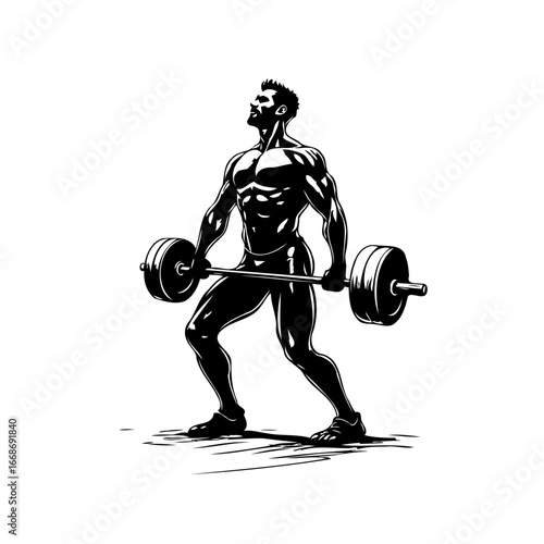 Powerful lifter depicted in a stark monochrome design showcasing strength, focus, and dedication