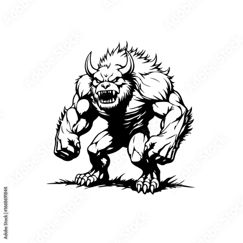 Powerful hulking beast illustration depicts a fearsome minotaur like creature with menacing horns