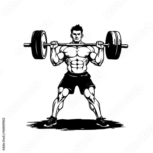 Powerful man lifting barbell for intense workout represents strength dedication and physical