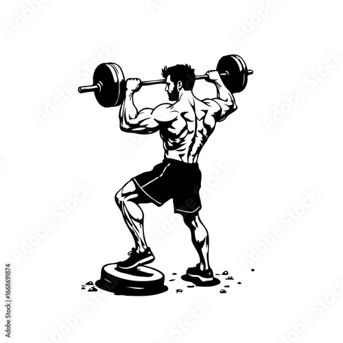 Powerful man lifting barbell illustration demonstrates strength and conditioning for bodybuilding