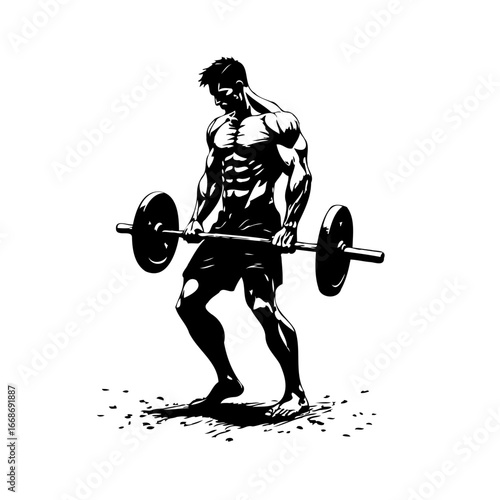 Powerful monochrome illustration of a muscular athlete lifting heavy weight barbell to build body
