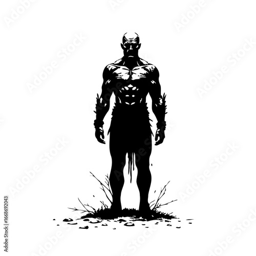 Powerful muscular warrior silhouette figure standing ominously in the darkness creating a strong