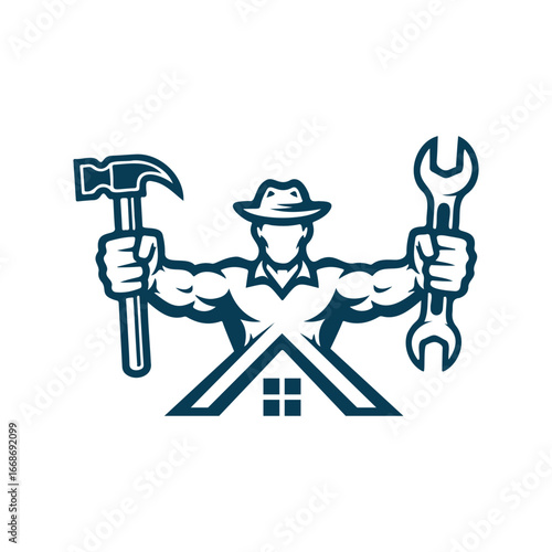 Repair Service Man Logo,  a muscular construction worker with tools hammer and wrench.
