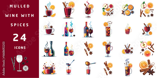 Mulled wine icons with spices, warm colors, festive design elements  
