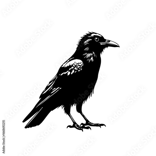 Raven silhouette vector illustration standing majestically with detailed plumage highlighting