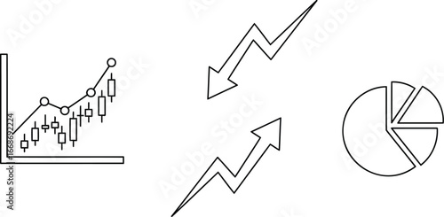 Financial charts and arrows showing growth and decline