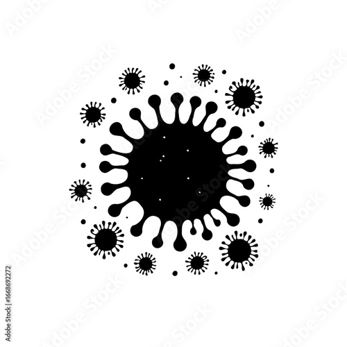 Representation of a contagion as a black graphic virus cell in a stylized depiction surrounded by