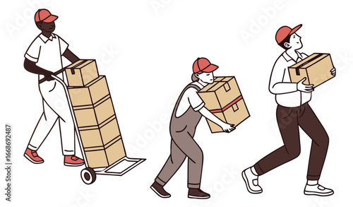 Courier carries stack of cardboard boxes. Carrier delivers heap of parcels. Loader holds pile of cartons, packages for moving. Delivery service. Flat isolated vector illustration 