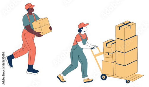 Courier carries stack of cardboard boxes. Carrier delivers heap of parcels. Loader holds pile of cartons, packages for moving. Delivery service. Flat isolated vector illustration 