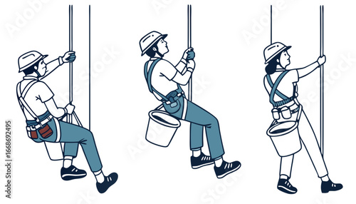 Group of mini  industrial alpinists works at height. Workers with safety ropes clean window. Professional climbers with equipment, tools hanging on harness. Flat vector illustrations isolated