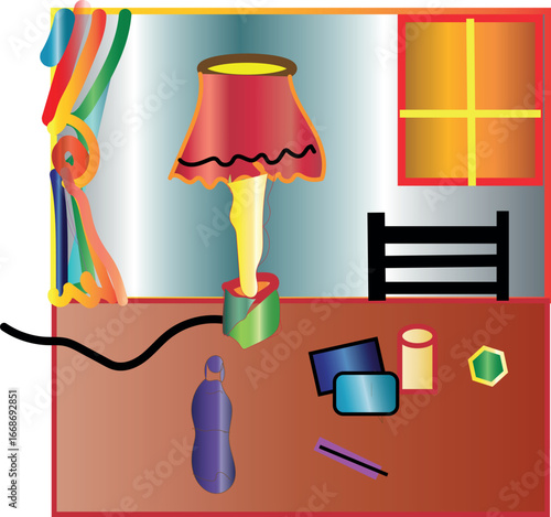 Colorful Vector Illustration of a Table Lamp on a Desk with Window and Chair