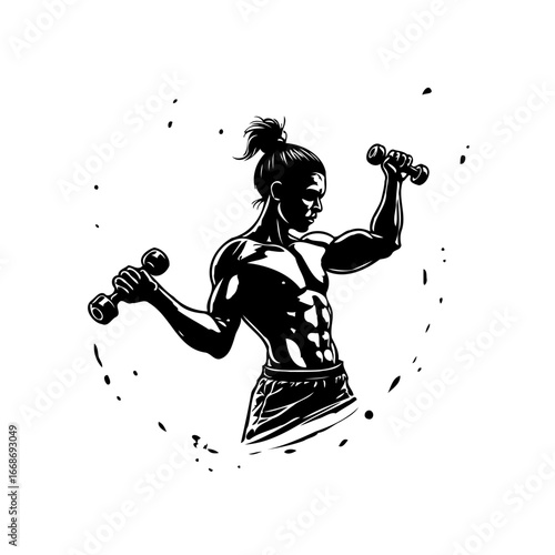 Silhouette muscular man lifting dumbbells demonstrating strength in a minimalist black and white