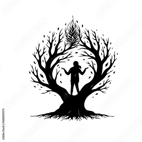Silhouette of a figure surrounded by branches forming tree shape embracing metaphorical growth and