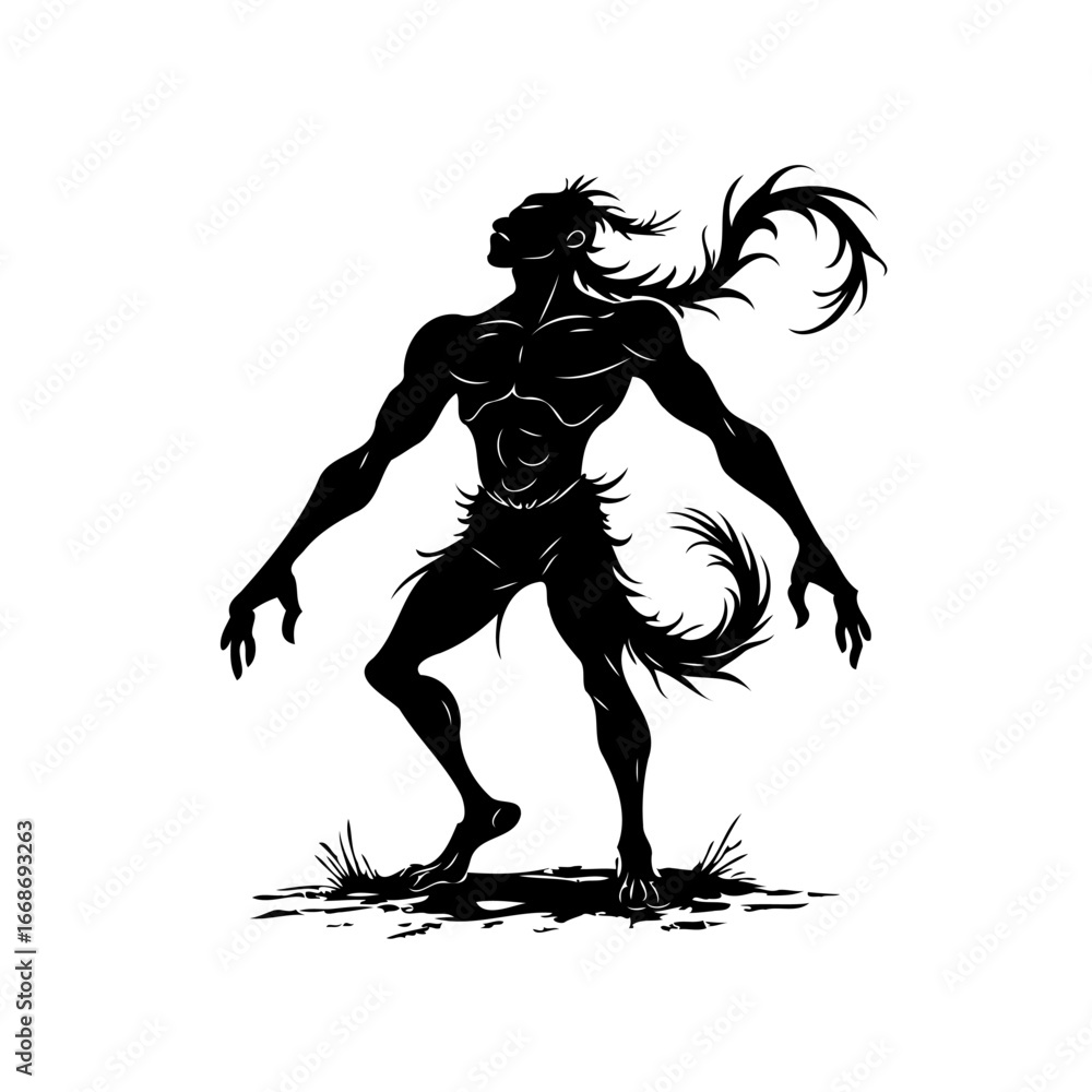 Obraz premium Silhouette of a mysterious being standing tall gazing upward with flowing hair and a tail on a