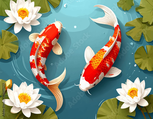 Koi carp swimming through lotus pond. Lotus flowers with koi fish illustration. Artistic koi and lotus pond composition. Koi fishes with lily flowers artwork. Serene koi fish and water lily pond
