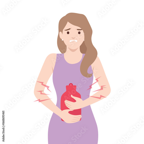 Woman holding a red hot water bottle to her stomach, showing discomfort and pain. Flat vector illustration isolated on white background
