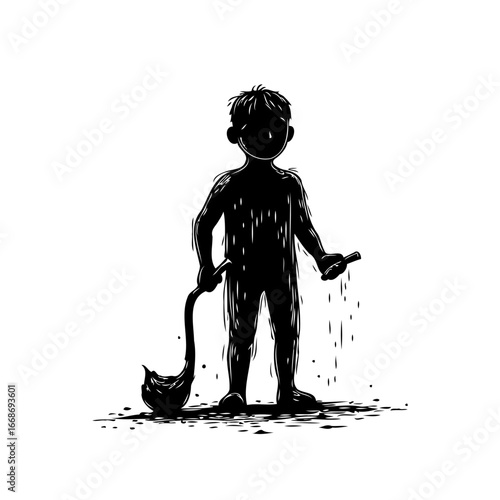 Silhouette of boy with ladle and spilled liquid represents childhood mischief and playful