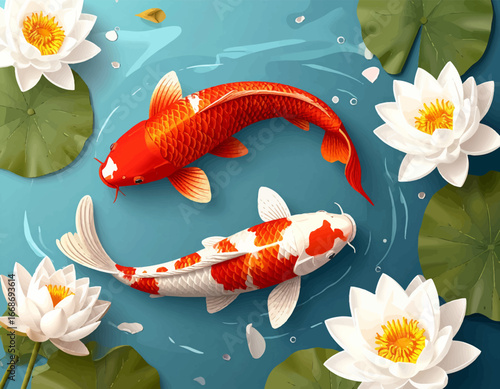 Koi fish and lotus blossom illustration. Peaceful koi pond with pink flowers. Swimming koi in serene lotus pond. Koi fishes with beautiful lotus bloom. Vibrant koi and tranquil lotus art