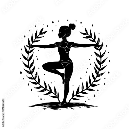 Silhouette of graceful dancer surrounded by laurel leaves evokes poise and artistic expression a