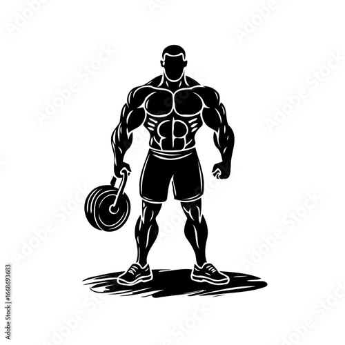 Silhouette of muscular athlete lifting weighty kettlebell showcasing fitness strength dedication