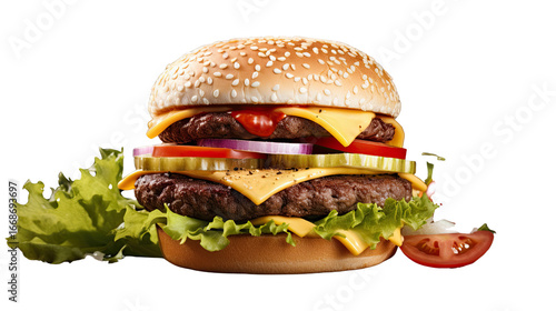 Tasty juicy hamburger with beef patty and vegetables isolated on white background
