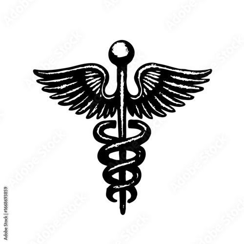 Simple medical emblem with stylized winged staff representing healing and healthcare services for