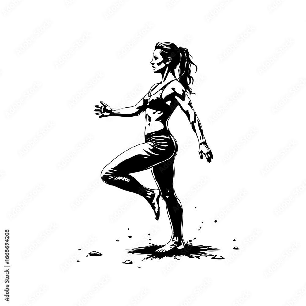 Obraz premium Strong athletic woman dynamically posing with determination displaying physical fitness and