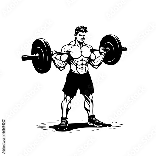 Strong athletic man performing a barbell front squat exercise showcasing fitness and determination