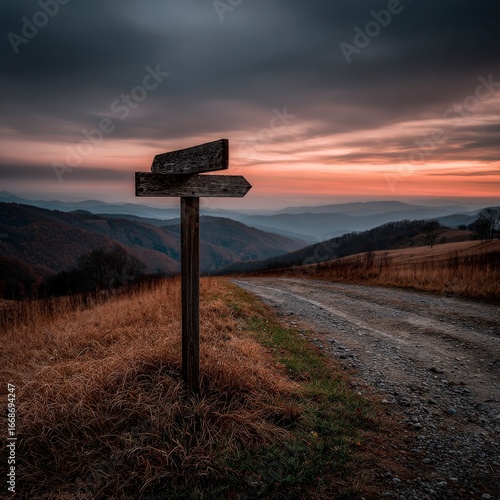 Scenic sunset view along a gravel road with directional signpost