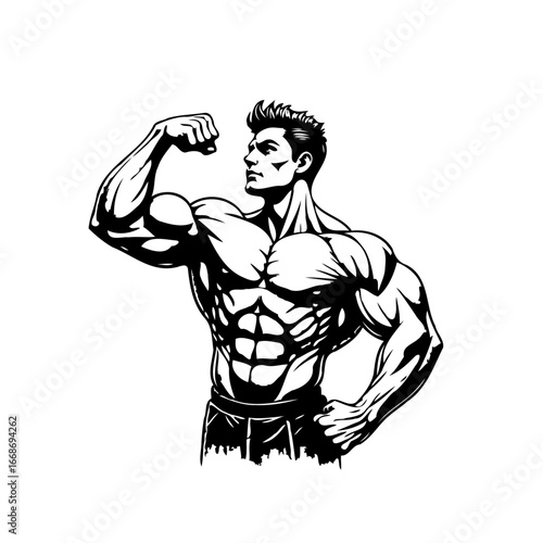 Strong male athletic physique showcasing muscular build with powerful biceps and defined abs on a